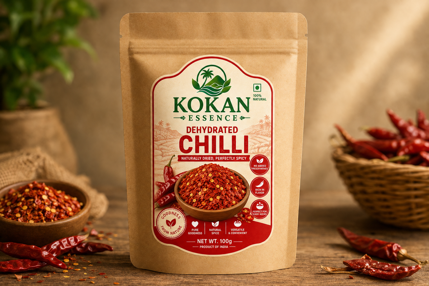Kokan Essence Dehydrated Chilli 100g | Premium Dried Red Chilli Flakes